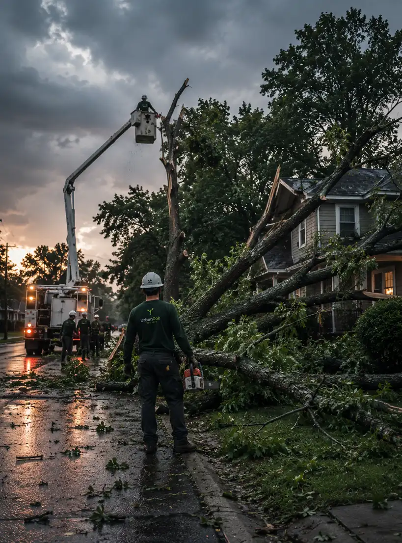 Storm-damaged tree fallen across a yard