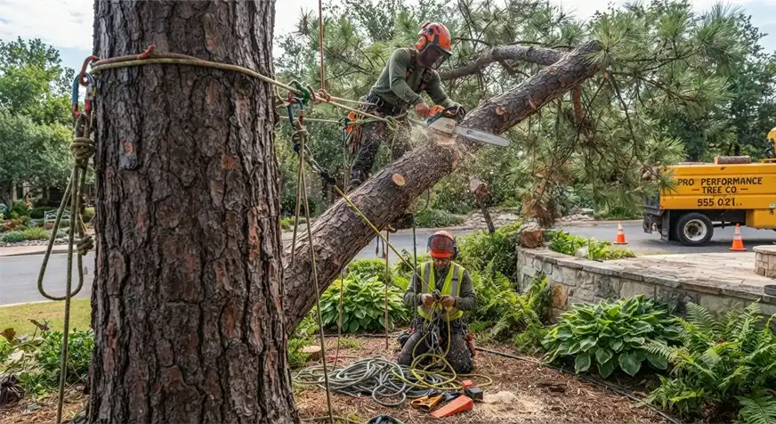 Storm-split oak over a roof