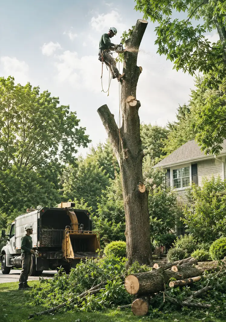 Arborist removing a tree from an aerial lift